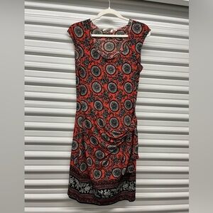 Max Studio Black and Red Ruched Sheath Midi Dress Size M